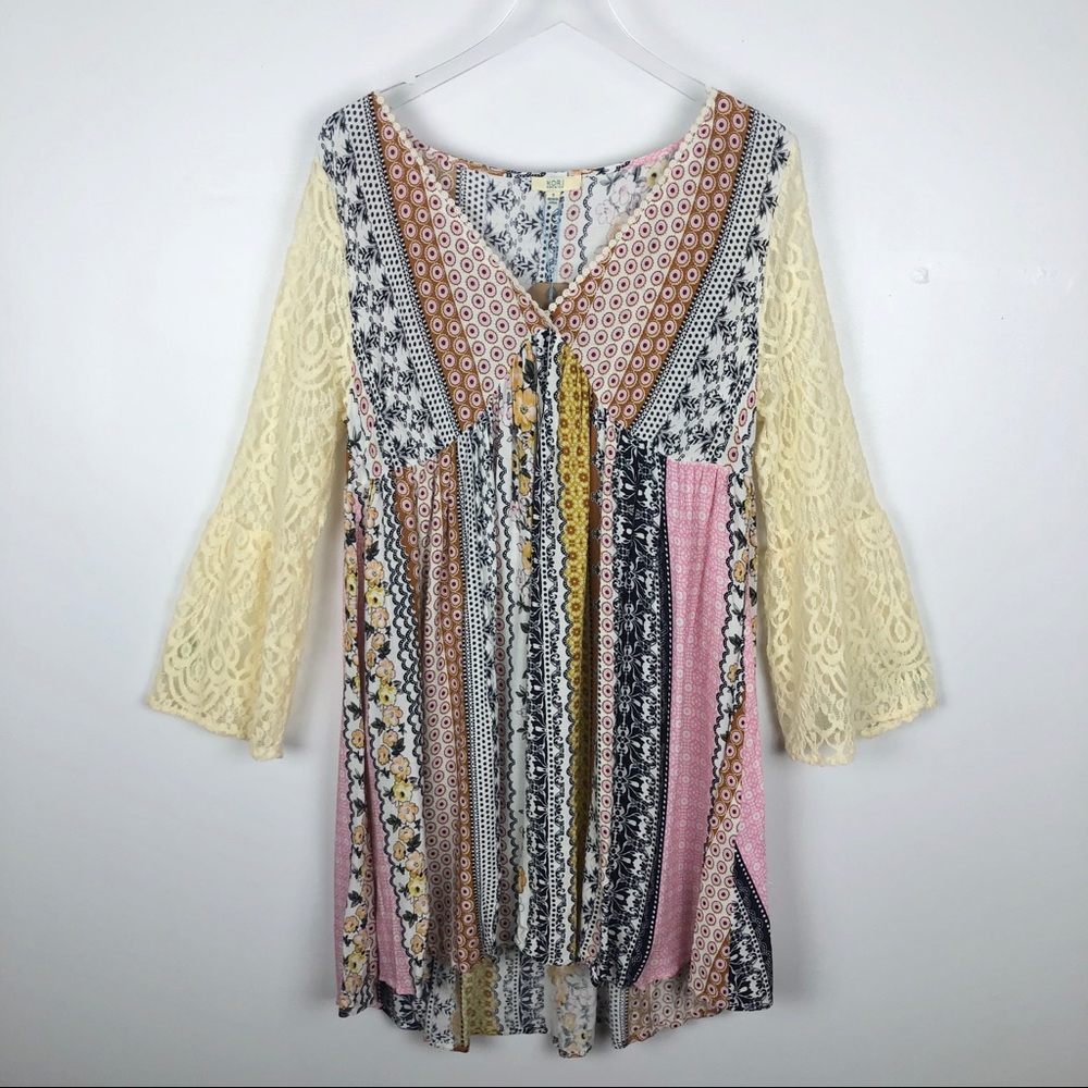 Kori America 90's Grunge Patchwork Baby Doll Dress Lace Sleeve